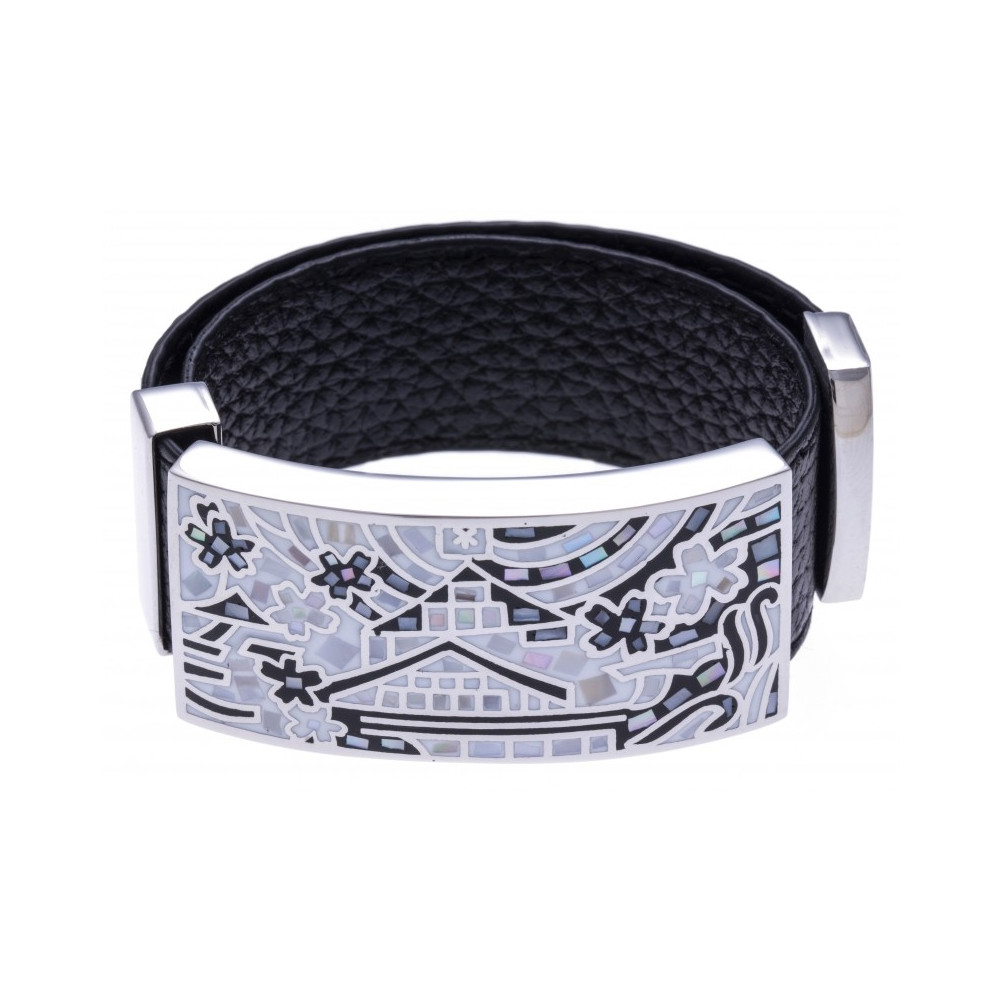 Bracelet acier émail, nacre avec cuir noir, largeur 2 cm, ODENA - IM 344