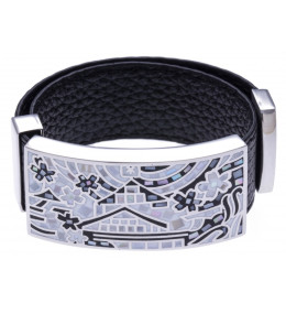 Bracelet acier émail, nacre avec cuir noir, largeur 2 cm, ODENA - IM 344