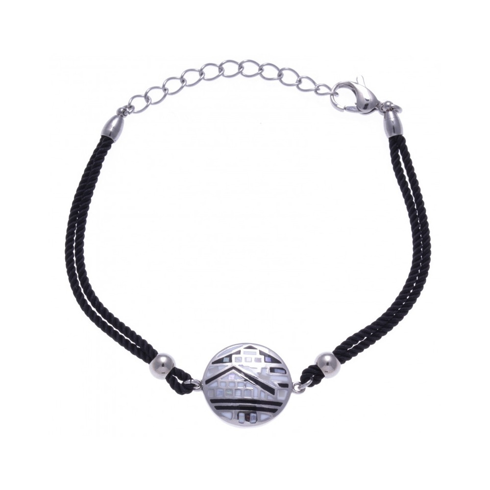Le Bracelet acier, nacre et émail, coton noir, ODENA - IM 345