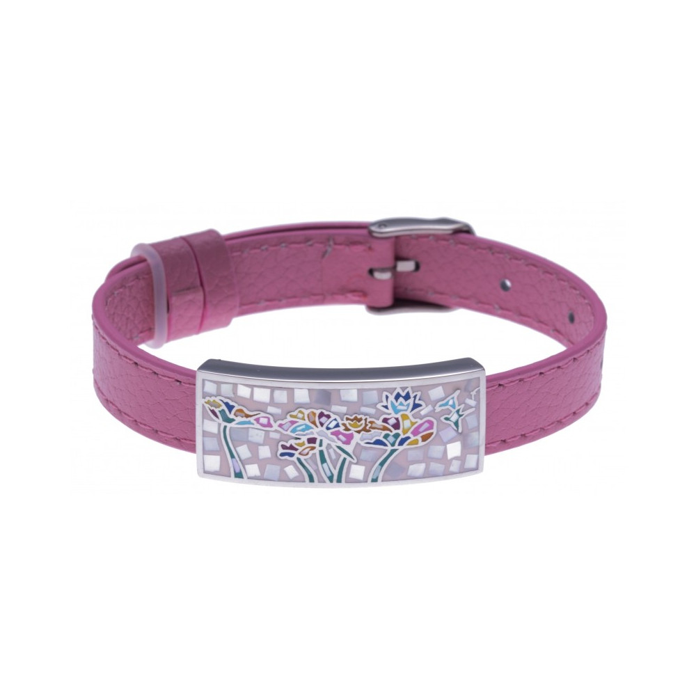 Le Bracelet acier émail et nacre, cuir rose, largeur 1cm, ODENA - IM 356