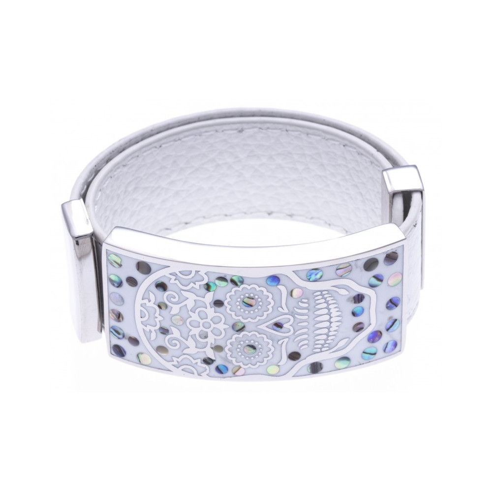 Bracelet acier émail, nacre avec cuir blanc, largeur 2 cm, ODENA - IM 360