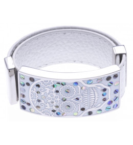 Bracelet acier émail, nacre avec cuir blanc, largeur 2 cm, ODENA - IM 360
