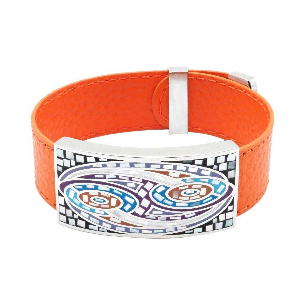 Le Bracelet acier, émail et nacre, cuir orange, largeur 2cm, ODENA - IM 370