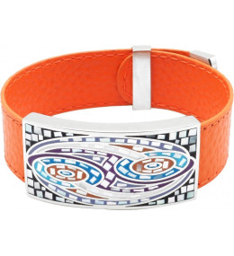 Le Bracelet acier, émail et nacre, cuir orange, largeur 2cm, ODENA - IM 370