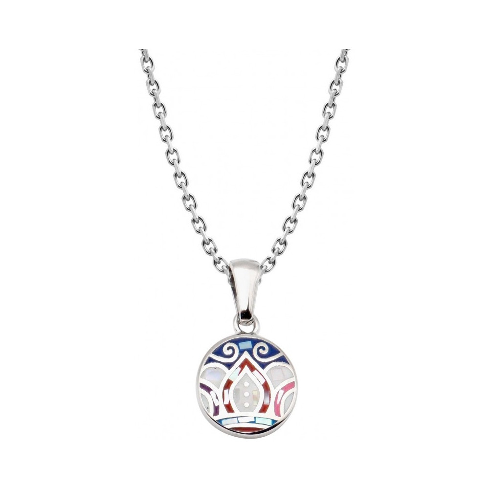 Collier en acier - nacre - émail - feuilles bleues - rose - petit volume - ODENA - IM 465