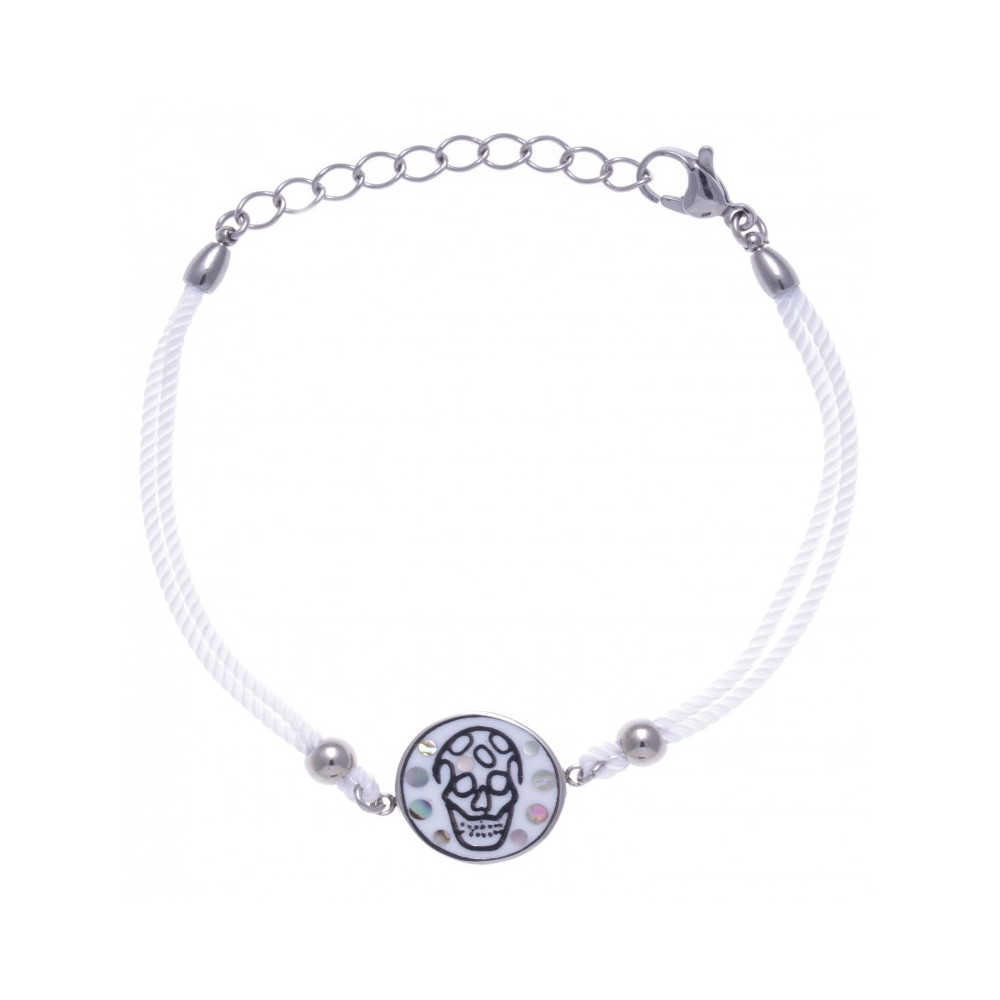 Bracelet acier - tête de mort - nacre - émail - coton blanc ODENA - IM 361