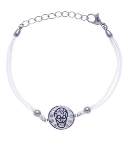 Bracelet acier - tête de mort - nacre - émail - coton blanc ODENA - IM 361