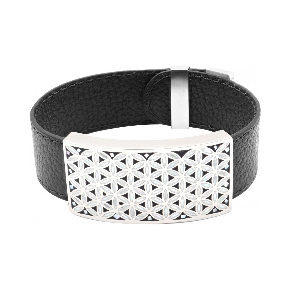 Bracelet acier - émail - nacre - fleur de vie - cuir noir ODENA - IM 372