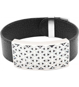 Bracelet acier - émail - nacre - fleur de vie - cuir noir ODENA - IM 372