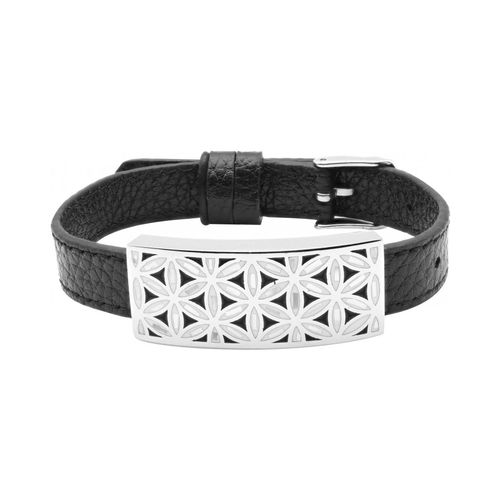 Bracelet acier - fleur de vie - émail - nacre - cuir noir ODENA - IM 373