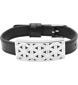 Bracelet acier - fleur de vie - émail - nacre - cuir noir ODENA - IM 373