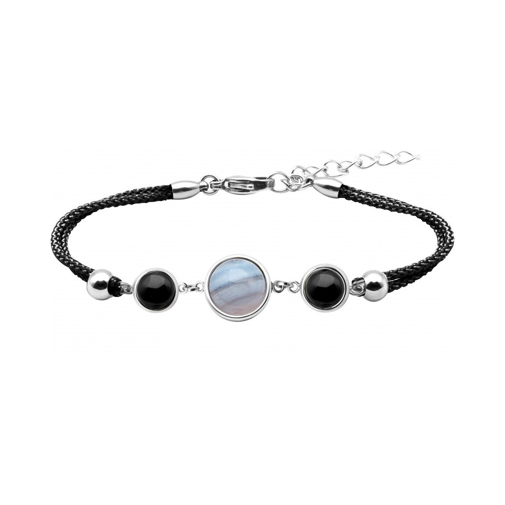 Bracelet en acier et coton noir - cabochon onyx - agate blue lace - onyx - diamètre 8, 11 et 8mm YOLA - IG 360