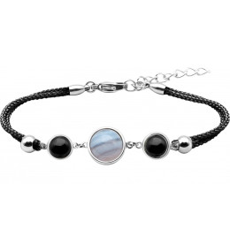 Bracelet en acier et coton noir - cabochon onyx - agate blue lace - onyx - diamètre 8, 11 et 8mm YOLA - IG 360