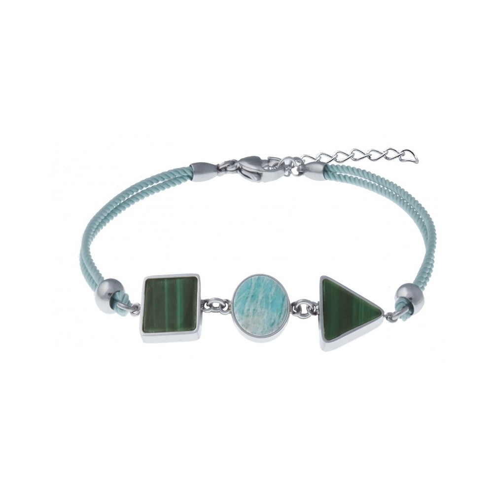 Le Bracelet en acier et coton vert clair - carré malachite - rond amazonite - triangle malachite YOLA - IH 376