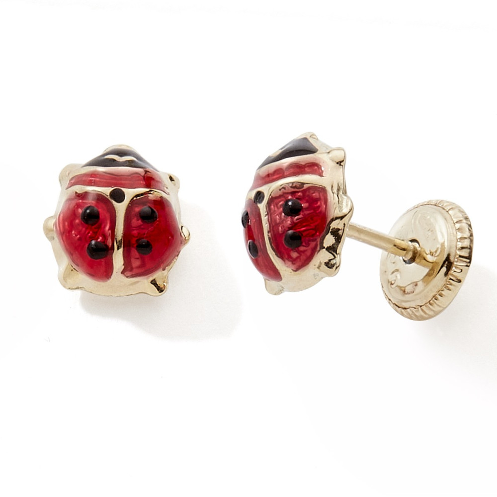 Les Boucles d'oreilles or jaune 375/1000, coccinelles laque rouge et noire by Stauffer