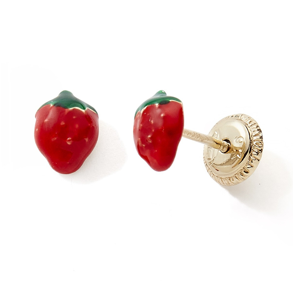 Les Boucles d'oreilles or jaune 375/1000, fraises laque rouge et verte by Stauffer
