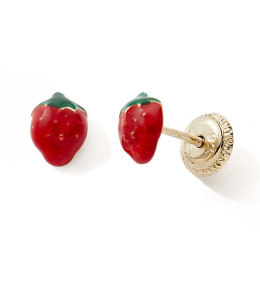 Les Boucles d'oreilles or jaune 375/1000, fraises laque rouge et verte by Stauffer