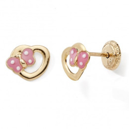 Les Boucles d'oreilles or jaune 375/1000, coeurs, papillons et laque rose by Stauffer