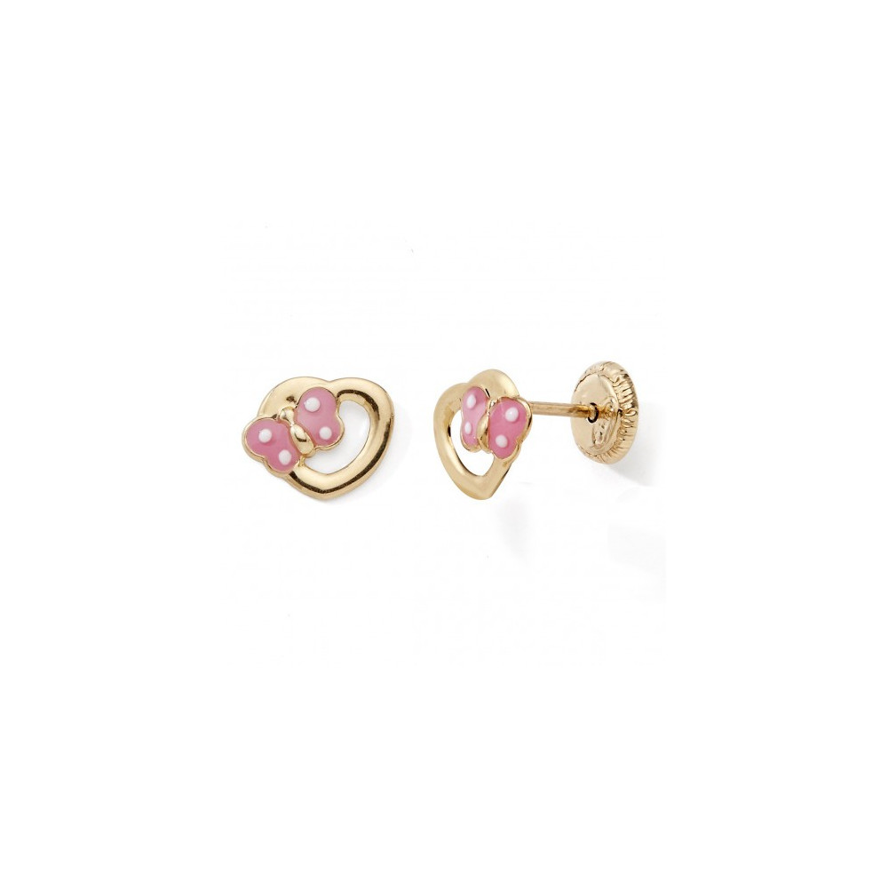 Les Boucles d'oreilles or jaune 375/1000, coeurs, papillons et laque rose by Stauffer