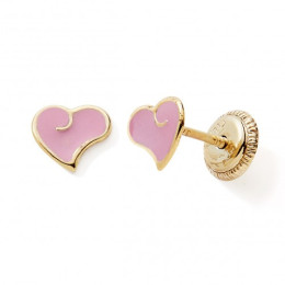 Les Boucles d'oreilles or jaune 375/1000, coeurs et laque rose by Stauffer