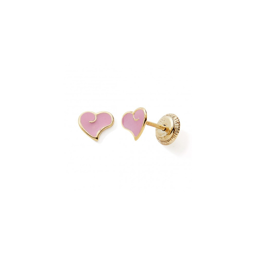 Les Boucles d'oreilles or jaune 375/1000, coeurs et laque rose by Stauffer