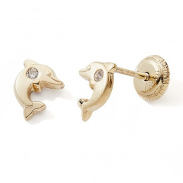 Les Boucles d'oreilles or jaune 375/1000, dauphin et oxyde de zirconium by Stauffer