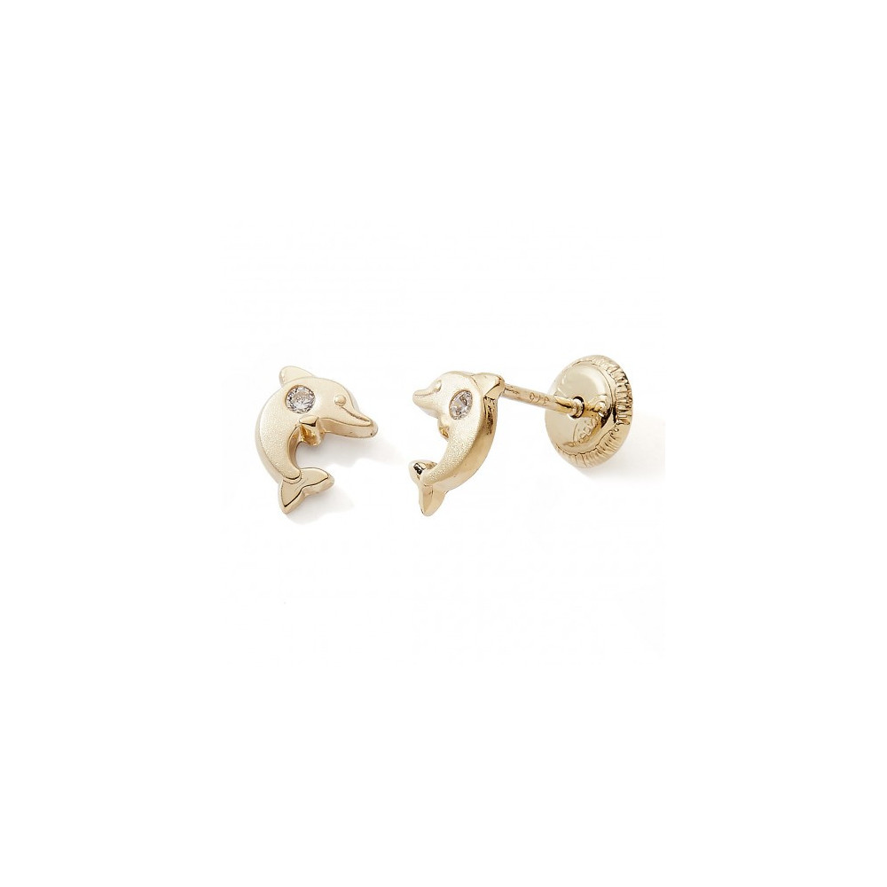 Les Boucles d'oreilles or jaune 375/1000, dauphin et oxyde de zirconium by Stauffer