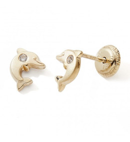 Les Boucles d'oreilles or jaune 375/1000, dauphin et oxyde de zirconium by Stauffer