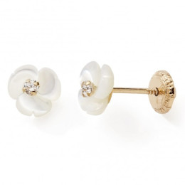 Les Boucles d'oreilles or jaune 375/1000, fleurs et nacre blanche, by Stauffer