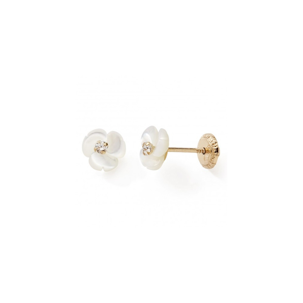 Les Boucles d'oreilles or jaune 375/1000, fleurs et nacre blanche, by Stauffer