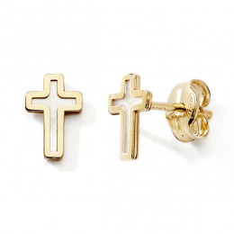 Les Boucles d'oreilles or jaune 375/1000, croix et nacre blanche, by Stauffer