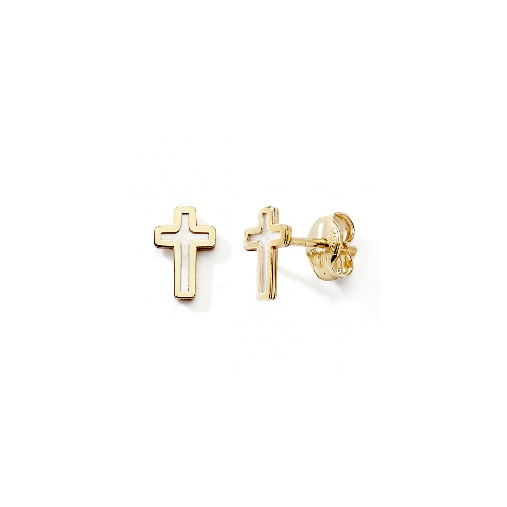 Les Boucles d'oreilles or jaune 375/1000, croix et nacre blanche, by Stauffer