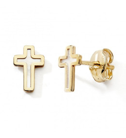 Les Boucles d'oreilles or jaune 375/1000, croix et nacre blanche, by Stauffer