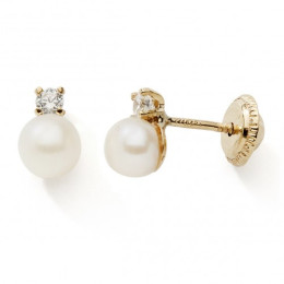 Les Boucles d'oreilles or jaune 375/1000 et perles de culture 4 mm et oxydes de zirconium, by Stauffer