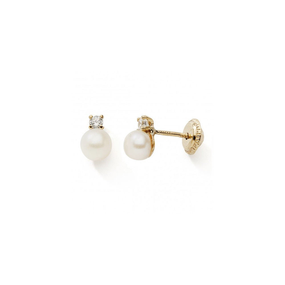 Les Boucles d'oreilles or jaune 375/1000 et perles de culture 4 mm et oxydes de zirconium, by Stauffer