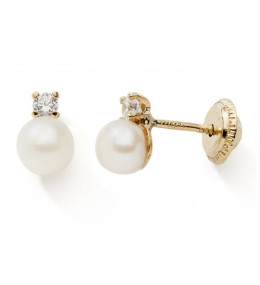 Les Boucles d'oreilles or jaune 375/1000 et perles de culture 4 mm et oxydes de zirconium, by Stauffer