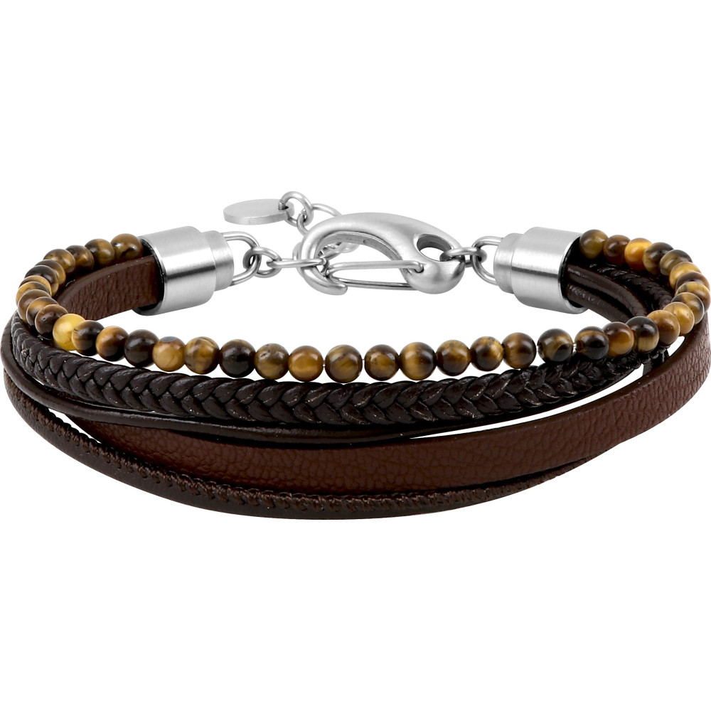 Le Bracelet homme acier 316L, oeil de tigre, matière synthétique noire et marron, by Stauffer.