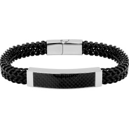 Le Bracelet homme acier PVD noir 316L, double chevrons, avec plaque acier, by Stauffer.