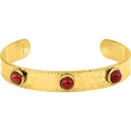 Bijoux - Bracelet rigide femme, acier doré jaune, agate rouge, by Stauffer.