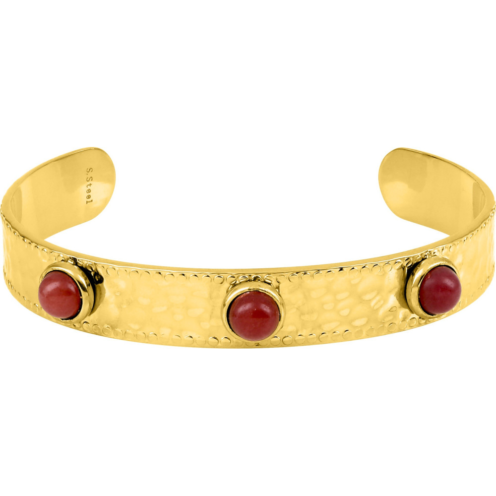 Bijoux - Bracelet rigide femme, acier doré jaune, agate rouge, by Stauffer.