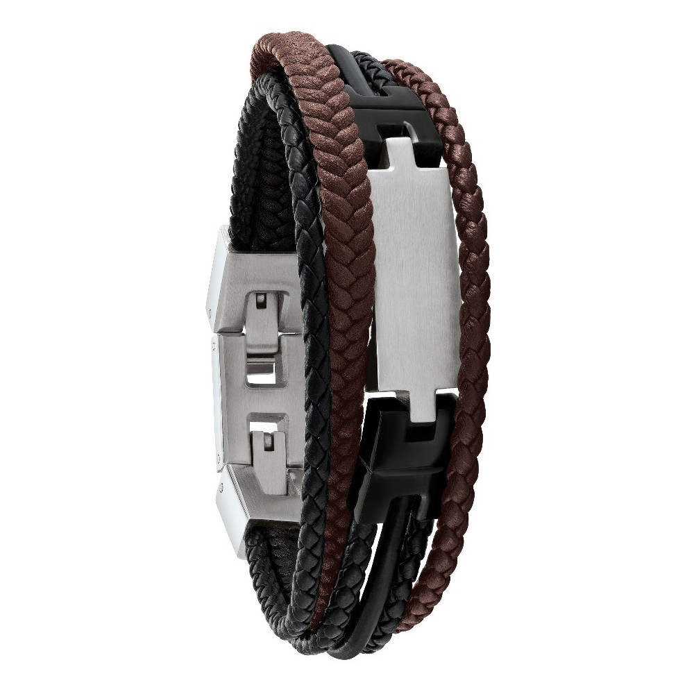 Le Bracelet Jourdan Bijoux Thasos, Cuir tressé marron et noir, Acier, JH110032B