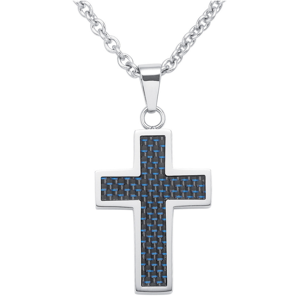 Collier acier et carbone bleu, motif croix Phebus Legend 75-0254