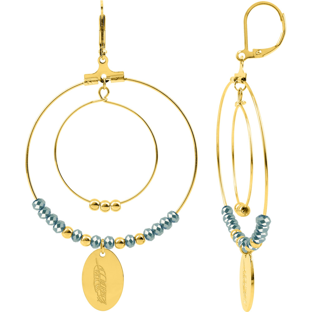 Les Boucles d'oreilles pendantes femme, acier doré jaune et cristaux turquoises by Stauffer