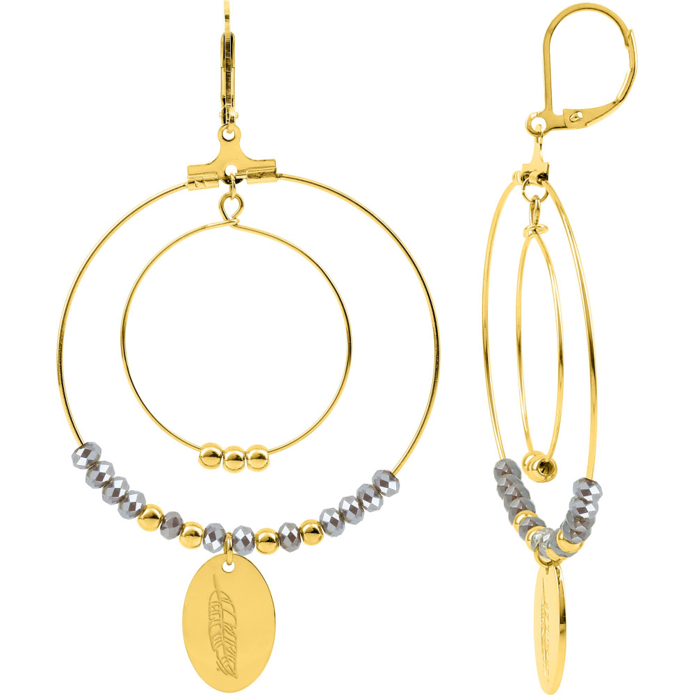 Les Boucles d'oreilles pendantes femme, acier doré jaune et cristaux gris by Stauffer