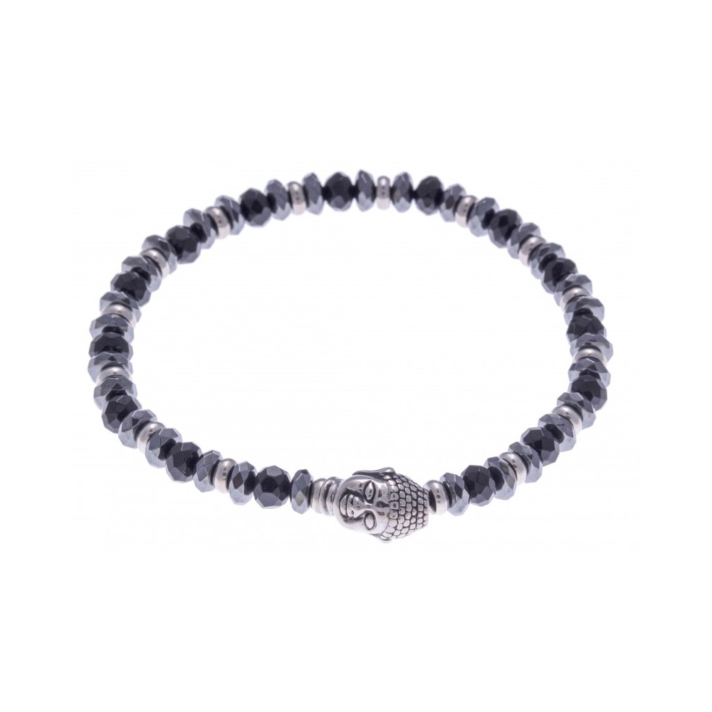 Le Bracelet pierres naturelles hématite et onyx, motif acier bouddah