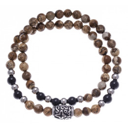Le Bracelet pierres naturelles jaspe paysage et onyx , double tours avec motif acier
