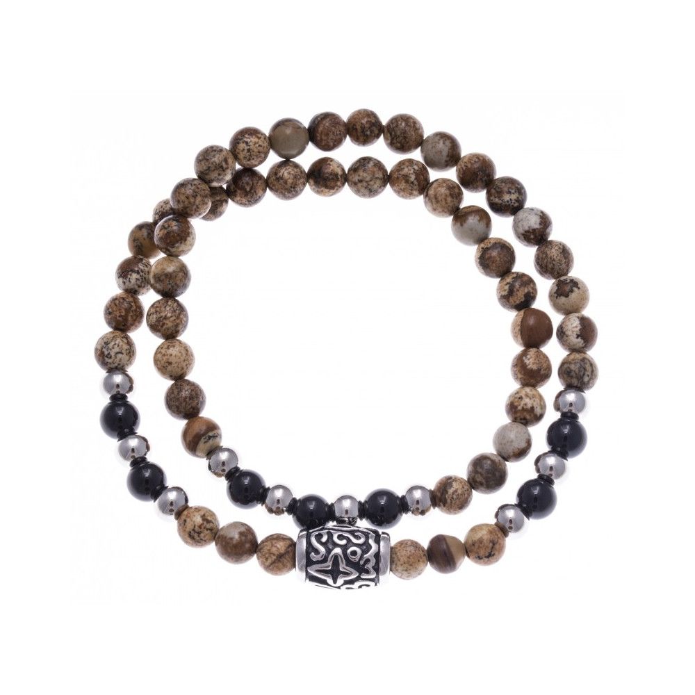 Le Bracelet pierres naturelles jaspe paysage et onyx , double tours avec motif acier