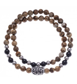 Le Bracelet pierres naturelles jaspe paysage et onyx , double tours avec motif acier