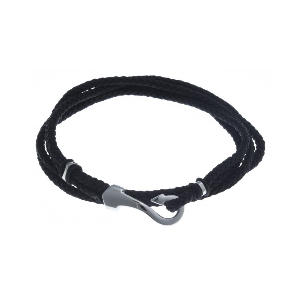 Le Bracelet acier et cordon noir, double tour, motif hameçon, acier by Stauffer