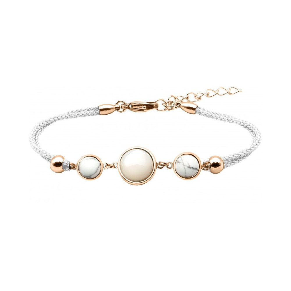 Bracelet en acier rosé et coton blanc - cabochon howlite - nacre blanche - howlite - diamètre 8, 11 et 8mm YOLA - IG 364